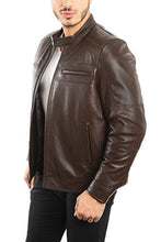 Load image into Gallery viewer, Men's brown genuine lambskin leather biker jacket by REED, featuring a sleek design with zipped chest and front pockets.