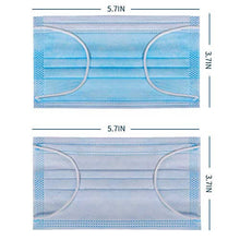 Cargar imagen en el visor de la galería, Professional Disposable 3 Ply Filter Face Masks for Crafting, 50 Pack, Blue, with Dimensions Displayed.