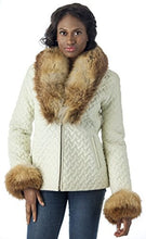 Load image into Gallery viewer, REED Women's Genuine Fox Fur Trim Leather Jacket in white with luxurious fox fur collar and cuffs, model wearing jacket.