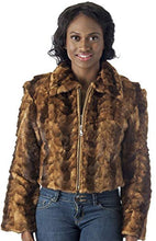 Load image into Gallery viewer, Woman wearing a REED Women's Genuine Mink Fur Bomber Jacket, showcasing luxurious natural pieced mink fur. Ideal for stylish winter fashion.