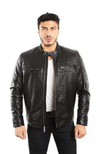 Load image into Gallery viewer, Man wearing REED 1950 Men's Lambskin Leather Biker Jacket with zippered chest pockets, showcasing style and comfort.