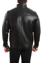 Load image into Gallery viewer, Back view of REED men's black lambskin leather jacket with stand-up collar and zip-up closure, showcasing premium quality craftsmanship.