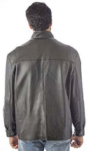 Load image into Gallery viewer, Back view of REED Men's suave leather jacket in English lamb with zip-up collar, showcasing soft, lightweight material.