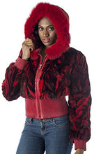 Load image into Gallery viewer, Woman wearing REED women's genuine mink fur bomber jacket in red with hood, showcasing luxurious natural mink fur detail.