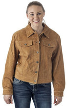 Cargar imagen en el visor de la galería, Woman wearing REED camel suede leather jean style shirt jacket, western design, soft touch, perfect for fall and winter.