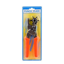 Cargar imagen en el visor de la galería, eZthings leather-craft punching tool revolving punch pliers with orange handles, ideal for punching holes in leather belts and crafts.
