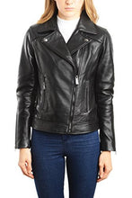 Cargar imagen en el visor de la galería, REED 1950 women's genuine lambskin leather biker jacket, black, showcasing premium quality and timeless motorcycle style.