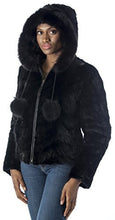 Load image into Gallery viewer, Woman wearing REED Women's Genuine Mink Fur Bomber Jacket, 100% real fur, with hood and pom-poms, luxurious black design.