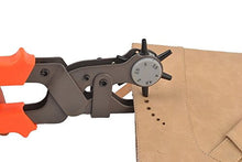 Cargar imagen en el visor de la galería, eZthings Professional Leather Punch Tool creating holes in leather, featuring six punch sizes and heavy-duty round punch heads for crafts.