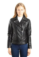 Cargar imagen en el visor de la galería, REED 1950 women's black lambskin leather biker jacket, genuine premium quality fashion coat, classic motorcycle style.
