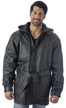 Cargar imagen en el visor de la galería, Black leather parka with zip-out hood and belt, worn by a male model. Heavy-duty pig skin leather, by REED.