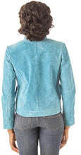 Load image into Gallery viewer, Back view of woman wearing REED Women's 22'' Stand Up Collar Leather Jacket in blue, showing fit and style.