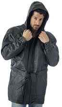 Cargar imagen en el visor de la galería, REED Men's black leather parka jacket with zip-out hood and belt, made from durable pig skin for heavy-duty wear.