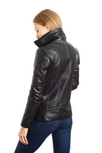 Cargar imagen en el visor de la galería, Woman wearing REED 1950 Women's Genuine Lambskin Leather Jacket with stand up collar, back view of stylish black coat - imported.