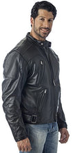 Cargar imagen en el visor de la galería, REED Men's Leather Motorcycle Jacket in black shown on a model, featuring zipper air vents and premium genuine cowhide leather.