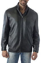 Load image into Gallery viewer, REED Men's 27'' black leather jacket, soft English lamb leather, zip-up collar, lightweight design, casual fit.