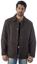 Cargar imagen en el visor de la galería, Model wearing REED Men's Quello 4 Button Water Repellent Suede Leather Jacket in chocolate color with cow nap suede and satin lining.