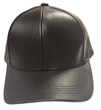 Load image into Gallery viewer, Unisex black PU leather curved bill baseball cap with adjustable Velcro strap, classic style, one size fits all. Imported.