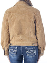 Cargar imagen en el visor de la galería, Back view of REED Women's Western Jean Style Suede Leather Jacket in Camel, showing detailed stitching and button accents.