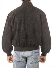 Load image into Gallery viewer, Rear view of man wearing REED Men's Baseball Suede Leather Jacket with satin lining, ideal for fall and spring.