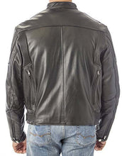 Cargar imagen en el visor de la galería, Back view of REED Men's Black Leather Motorcycle Jacket with zipper air vents and premium genuine cowhide leather.