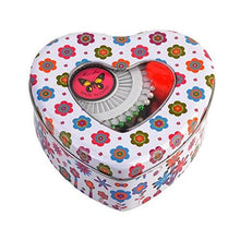 Load image into Gallery viewer, Heart-shaped sewing kit container with floral design filled with professional quality sewing supplies by eZthings.