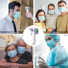 Charger l'image dans la galerie, eZthings infrared forehead thermometer shown in use at work, home, outside, and hospitals for non-contact temperature measurement.