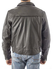 Charger l'image dans la galerie, Back view of REED Men's Black Vented Leather Motorcycle Jacket with Biker Neck Warmer, showcasing high-quality naked cow leather.
