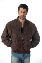Load image into Gallery viewer, Man wearing REED Men's Baseball Suede Leather Jacket, brown suede, classic style, great for fall and spring.