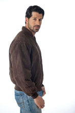 Load image into Gallery viewer, Model wearing REED Men's Baseball Suede Leather Jacket, crafted from imported suede, ideal for fall and spring, stylish and durable.