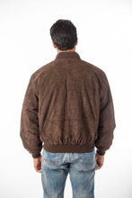 Load image into Gallery viewer, Back view of a man wearing a REED men's baseball suede leather jacket with satin lining, perfect for fall and spring.