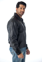 Cargar imagen en el visor de la galería, Man wearing REED Men's New Zealand Lambskin Leather Jacket in black, showcasing sleek and stylish design for any occasion.