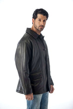 Load image into Gallery viewer, REED Men's Premium Four Button Car Coat Leather Jacket in black worn by model, showcasing classic style and quality design.