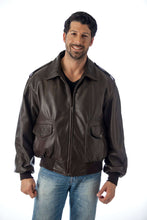 Cargar imagen en el visor de la galería, REED Men's Bomber Leather Jacket made in USA, classic design with durable naked cow leather, worn by a model, showcasing quality craftsmanship.