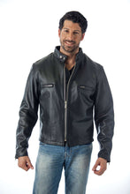Cargar imagen en el visor de la galería, Man wearing REED Men's Naked Cow Leather Motorcycle Jacket in black, showcasing style and comfort, made in USA.