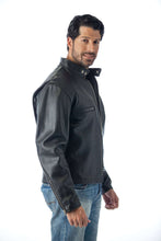 Cargar imagen en el visor de la galería, Alt Tag: Man wearing REED Men's Naked Cow Leather Motorcycle Jacket, side view, showcasing quality leather and style.
