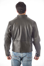 Cargar imagen en el visor de la galería, Back view of a man wearing REED Men's Naked Cow Leather Motorcycle Jacket Made in USA, showcasing premium craftsmanship and style.