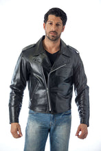 Cargar imagen en el visor de la galería, Black REED men's police leather motorcycle jacket, featuring premium cowhide and stylish design, worn by model.