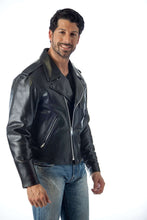 Cargar imagen en el visor de la galería, Black REED Men's Police Leather Motorcycle Jacket worn by model, made in USA, premium cowhide leather, durable, stylish.