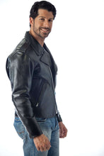 Cargar imagen en el visor de la galería, Man wearing REED Men's Police Leather Motorcycle Patrol Jacket, black premium cowhide, showcasing style and durability, made in USA.