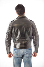 Cargar imagen en el visor de la galería, Back view of REED Men's Police Leather Motorcycle Jacket in black, made with premium cowhide leather, worn by a model.