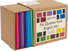 Charger l'image dans la galerie, 20 Fat Quarter Bundle - 100% Cotton Rainbow Mix in packaging, featuring colorful fabric squares for quilting and crafting.