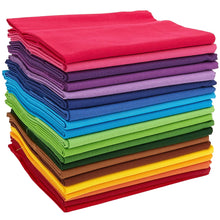 Charger l'image dans la galerie, Stack of 20 colorful fat quarter fabrics in rainbow colors for quilting, 100% cotton, size 20.8 x 18.1 inches, plastic-free packaging.