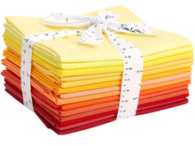 Charger l'image dans la galerie, 14-piece fat quarter bundle in sunrise and sunset colors, 100% cotton, tied with a ribbon, perfect for quilting and crafting.