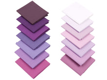 Cargar imagen en el visor de la galería, Fat Quarter Bundle with 100% cotton in shades of purple and magenta, featuring solid colors for quilting and crafting projects.