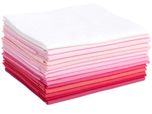 Cargar imagen en el visor de la galería, Stack of pink and magenta cotton fat quarters for quilting and crafting.