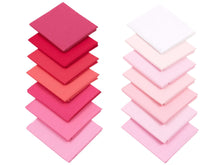 Cargar imagen en el visor de la galería, Fat Quarter Bundle of 100% Cotton in shades of pink and magenta, perfect for quilting and crafting, includes 14 fabric squares.