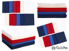 Load image into Gallery viewer, Fat Quarter Bundle in red, blue, and white colors for quilting, 100% cotton, patriotic USA flag theme, mix colors for crafting.