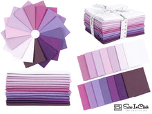 Cargar imagen en el visor de la galería, Fat Quarter Bundle of 100% Cotton fabric in shades of purple and magenta; includes 14 pieces, ideal for quilting and crafting.