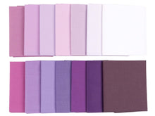 Cargar imagen en el visor de la galería, Fat Quarter Bundle with shades of purple and magenta, 100% cotton, perfect for quilting and crafting projects. Includes 14 no-duplicate pieces.